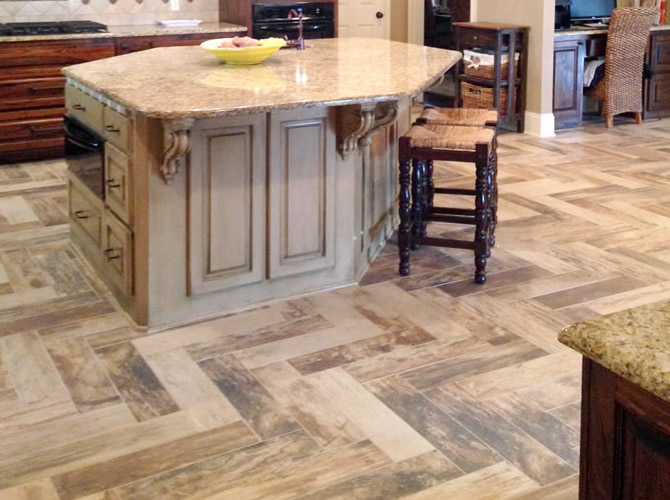 kitchen renovation modern day southern plantation, kitchen design, tiling, Kitchen with Herringbone Wood Look Tile