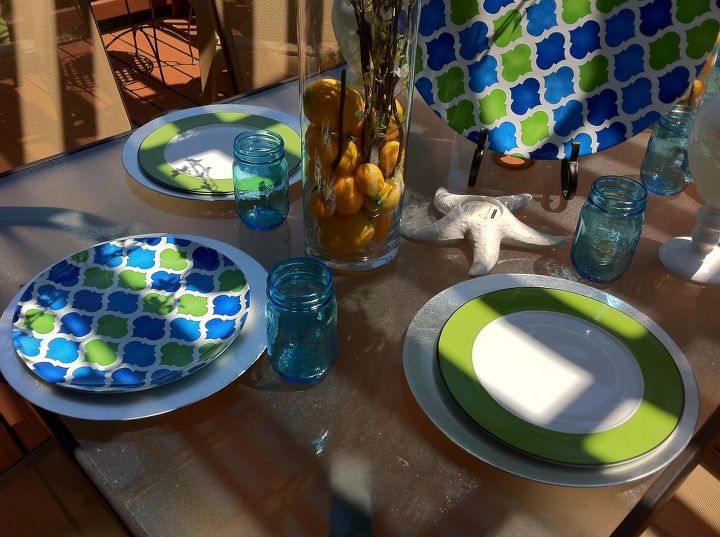 my summer deck for entertaining, decks, outdoor furniture, outdoor living, Colorful Dishware