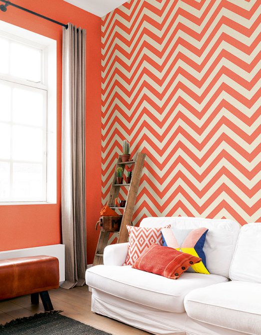 wallpaper inspiration geometric bold, home decor, wall decor, Chevron Geometric Wallpaper in Coral