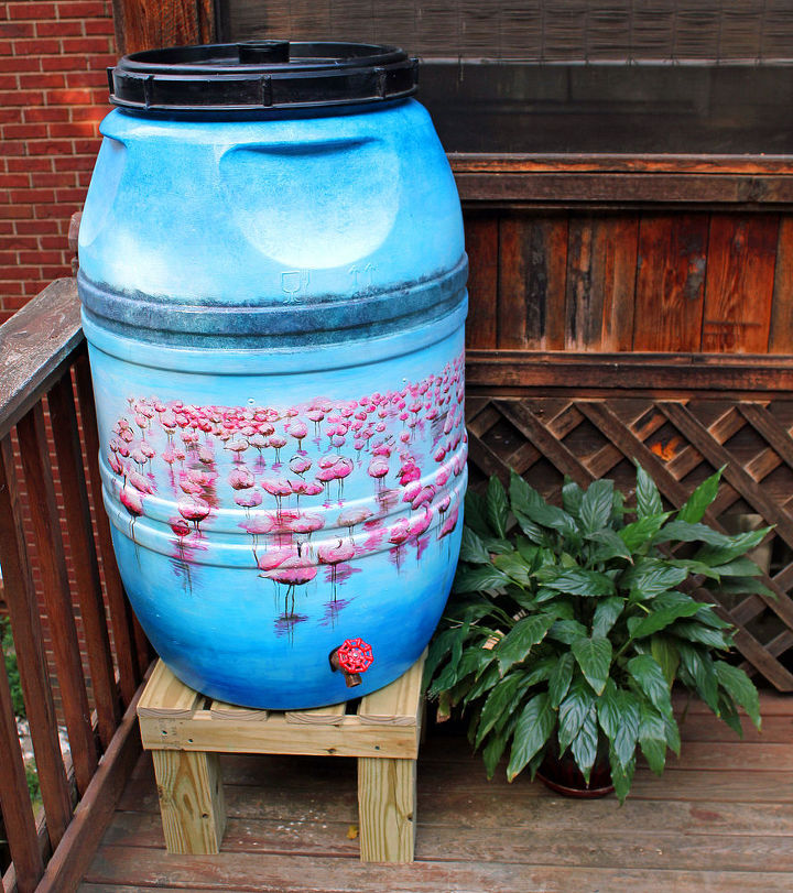 rain barrel upcycle painted benefits, go green, repurposing upcycling, Flamingo Mirage on a 55 gallon Rain Barrel