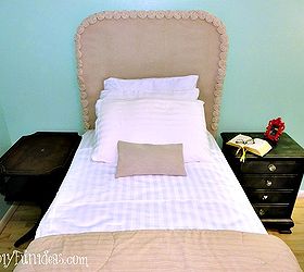 diy headboard slip cover rosette bunk bed redo, bedroom ideas, home decor, reupholster