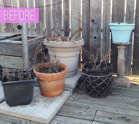before after worn patio planters makeover, crafts, gardening, repurposing upcycling