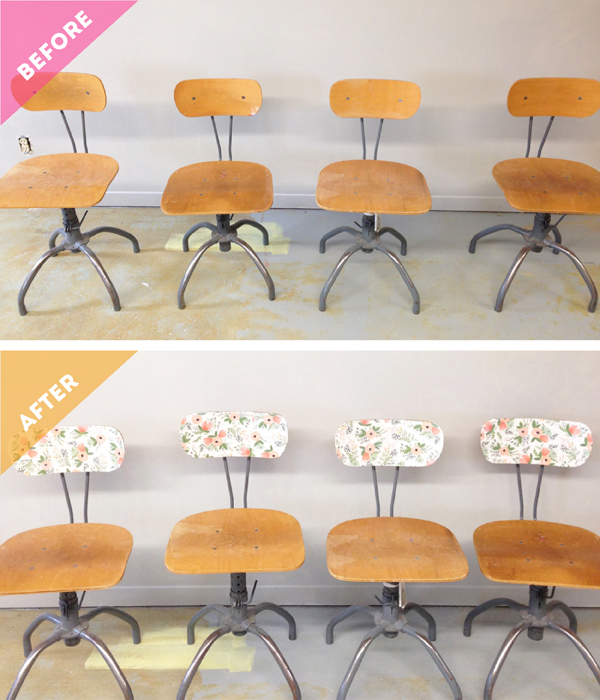antes e depois reforma floral de uma cadeira vintage