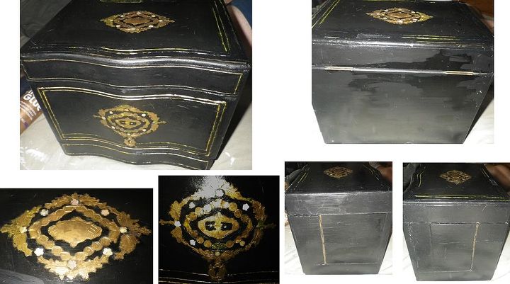 vintage liquor cabinet box antique, home decor, repurposing upcycling, top L box closed bottom medallions top is untouched bottom med on R is pc d then photos of back and the sides