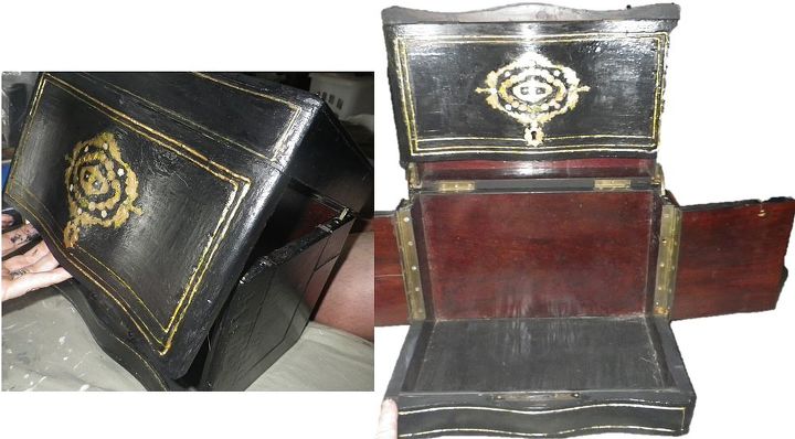 vintage liquor cabinet box antique, home decor, repurposing upcycling, opening the box the lid is hinged the sides are hinged once open the lid swings flat at the top and the sides open like wings