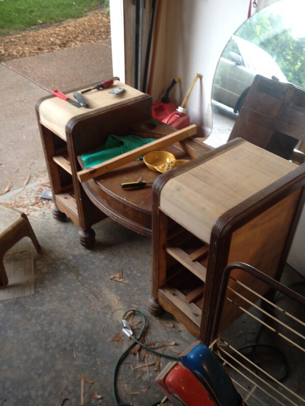 giving a 1942 vanity table a new life, Most veneer off