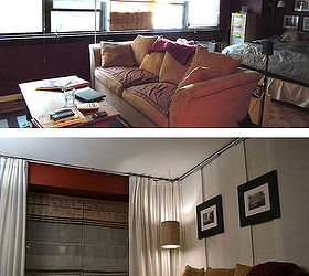 nyc studio apartment makeover hanging room divider, bedroom ideas, living room ideas, reupholster, window treatments