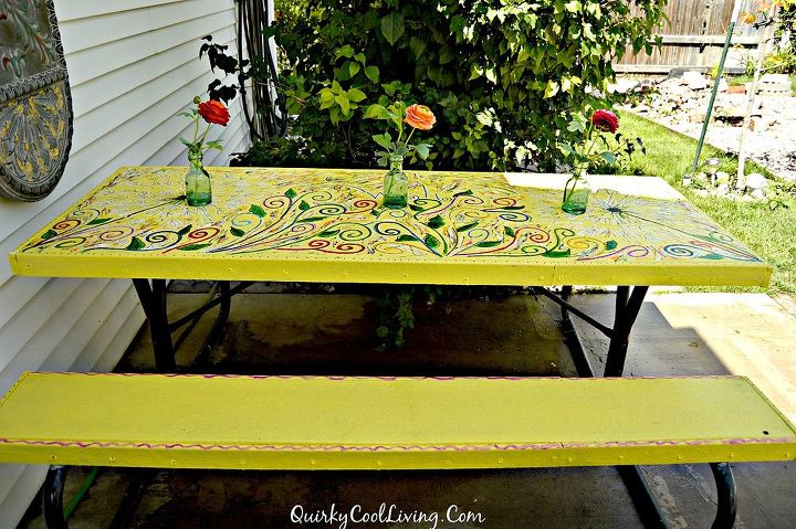 painted furnture picnic table art floral mural, outdoor furniture, painted furniture