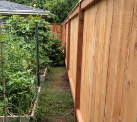 how to correct poorly installed wood fence, Shows length of fence can not see the gap or bottom rail placement here but shows the lindeof the fence