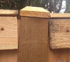 how to correct poorly installed wood fence, Shows post cap top rails once they were removed and placed at top Poor cuts boards not flush Most of posts look this way on both sides