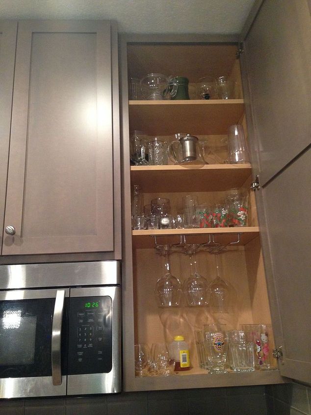 ten minute wine glass storage fix, kitchen cabinets, kitchen design, shelving ideas, storage ideas
