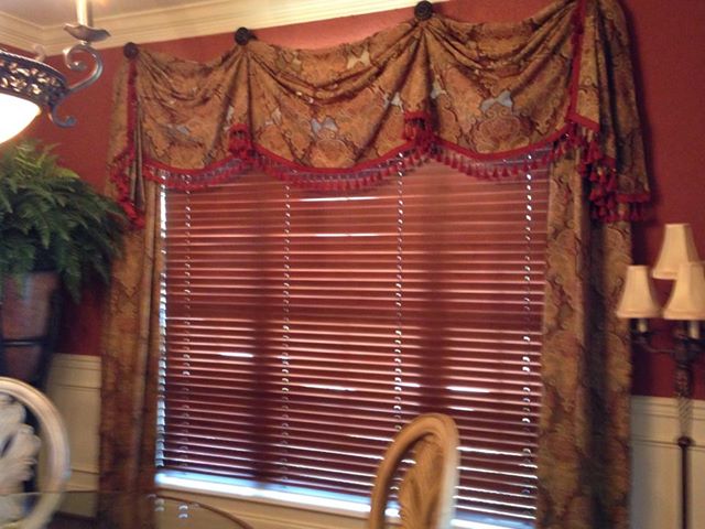 fancy swag on triple window, reupholster, window treatments, windows, Triple window with swags and trim