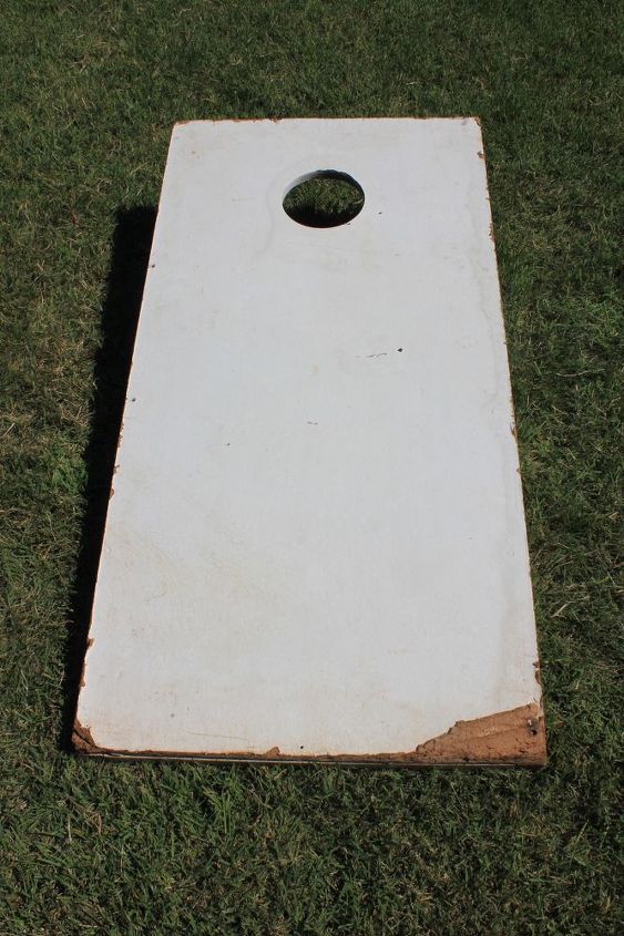diy corn hole board fabric covered game, crafts, outdoor living, repurposing upcycling, reupholster