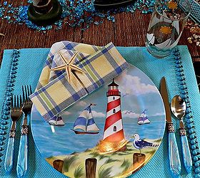 nautical tablescape with lighthouses, home decor, Sail boat glasses and lighthouse plates