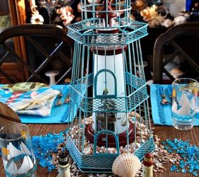 nautical tablescape with lighthouses, home decor, Painted wire lighthouse birdcage