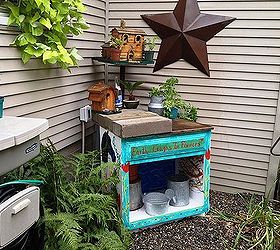 garden ideas potting bench vanity repurpose antique budget, outdoor furniture