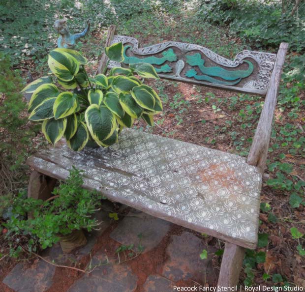 outdoor furniture stencil bench paint, chalk paint, outdoor furniture, painted furniture, repurposing upcycling
