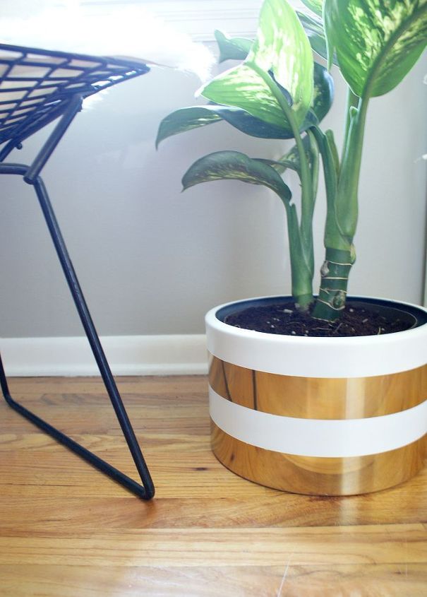 home decor planter stripes spray paint redo gold white, container gardening, painted furniture, repurposing upcycling