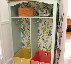 front hall organizer, foyer, organizing, painted furniture, repurposing upcycling, reupholster