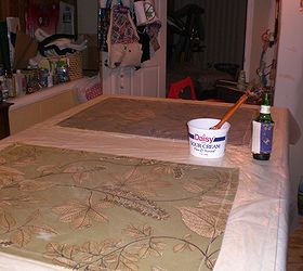 my first floorcloth project, crafts, flooring, reupholster, Here I was coating the two smaller floorcloths with polyurethane the container is a recycled sour cream tub it has the polyurethane in it I will list my procedure and products used later