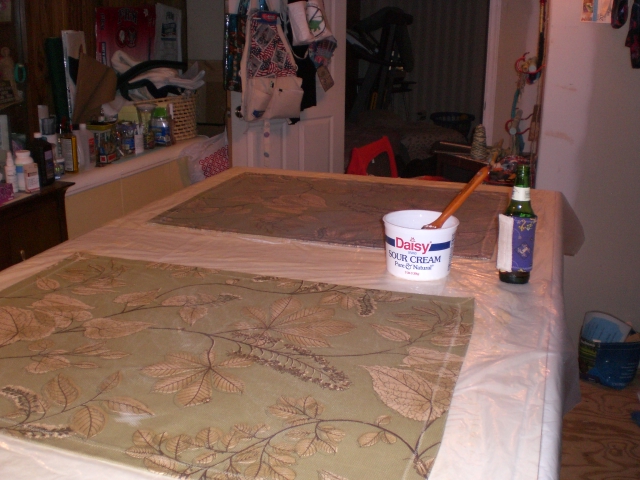 my first floorcloth project, crafts, flooring, reupholster, Here I was coating the two smaller floorcloths with polyurethane the container is a recycled sour cream tub it has the polyurethane in it I will list my procedure and products used later