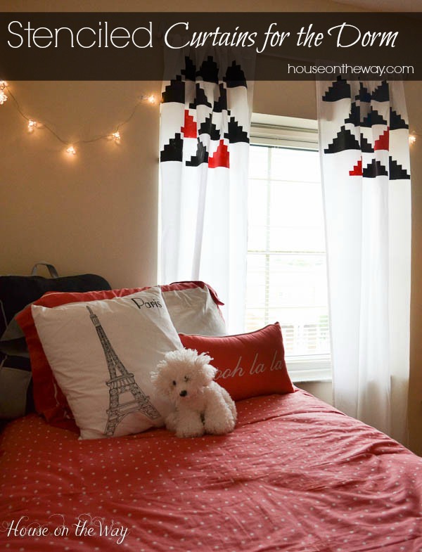 diy stenciled curtains for the dorm made from a twin sheet, bedroom ideas, home decor, painting, reupholster, window treatments