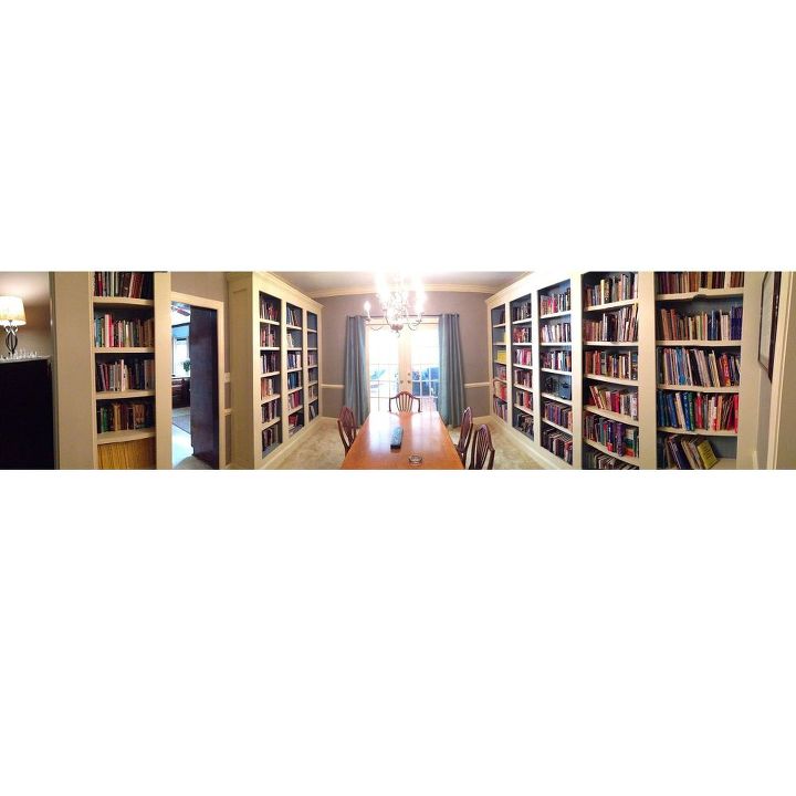 a completed library, diy, shelving ideas, storage ideas, Here it is Panorma captures the whole room