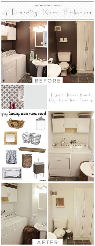 laundry room stencil wall makeover, laundry rooms, painting, wall decor