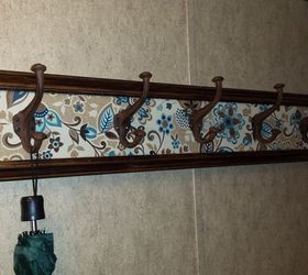 my first attempt at refinishing old furniture, painted furniture, This is the same coat rack with fabric added to match bench