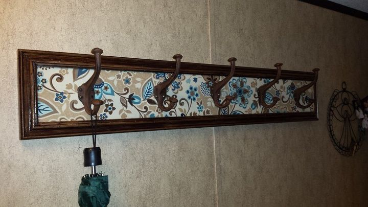 my first attempt at refinishing old furniture, painted furniture, This is the same coat rack with fabric added to match bench