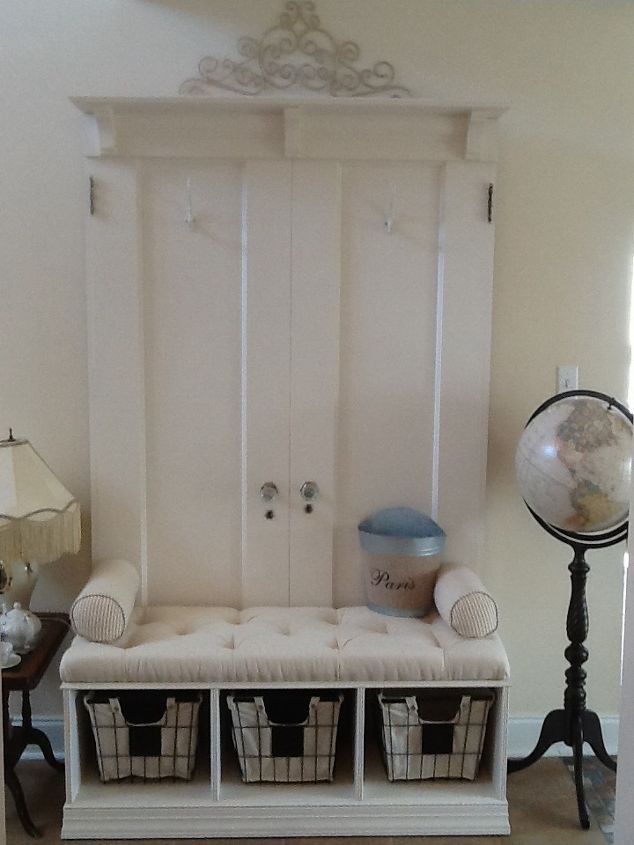 mud room coat rack bench from two old doors, foyer, organizing, repurposing upcycling, storage ideas