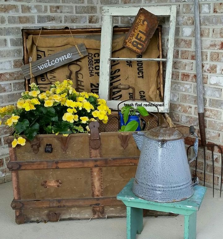 my finds for flowers using repurposed rustic reused reclaimed stuff, container gardening, gardening, repurposing upcycling, MY VINTAGE TRUNK FLOWERS