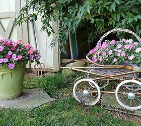 my finds for flowers using repurposed rustic reused reclaimed stuff, container gardening, gardening, repurposing upcycling, MY VINTAGE BABY CARRIAGE FLOWERS