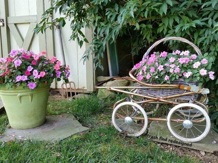 my finds for flowers using repurposed rustic reused reclaimed stuff, container gardening, gardening, repurposing upcycling, MY VINTAGE BABY CARRIAGE FLOWERS