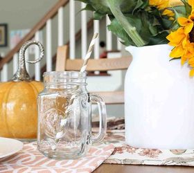 autumn tablescape, seasonal holiday decor, Mason jar glasses with paper straws