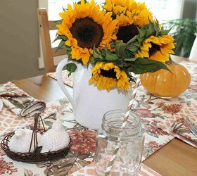 autumn tablescape, seasonal holiday decor, Sunflower centerpiece in white porcelain pitcher