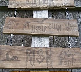 used old wood ink transfer and chain to made a spooky halloween sign the kids, halloween decorations, seasonal holiday decor, woodworking projects
