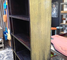 transforming an ordinary wood bookcase with milk paint, decoupage, painted furniture, repurposing upcycling, With a yellow wash over the black