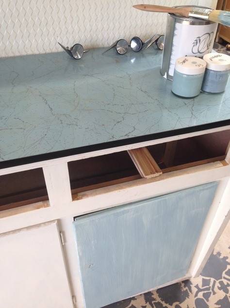 upcycling a vintage kitchen hutch with chalk paint, chalk paint, craft rooms, decoupage, painted furniture, repurposing upcycling, coordinating laminate with door paint