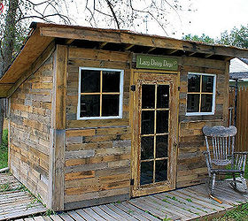 pallet garden shed potting old windows cans, diy, outdoor living, pallet, repurposing upcycling, roofing, woodworking projects
