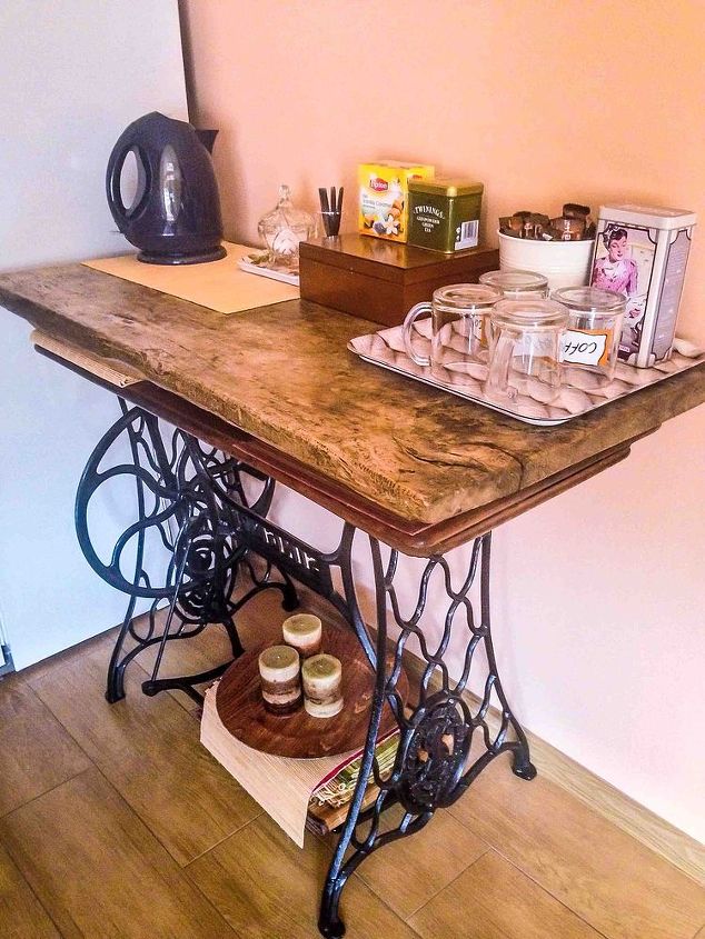 another way to use the old sewing machine, home decor, repurposing upcycling, Tea and coffee bar