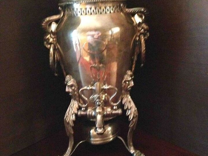 antique silver french coffee urn, home decor, repurposing upcycling, We just got this item and are not sure what it was used to serve It has a pineapple finial on top and insert on spout handle that appears to be Bakelite It is mArked on the bottom with what looks like CF 3 PI 114 It has lion heads attaching last and to pot ram handles and a burner