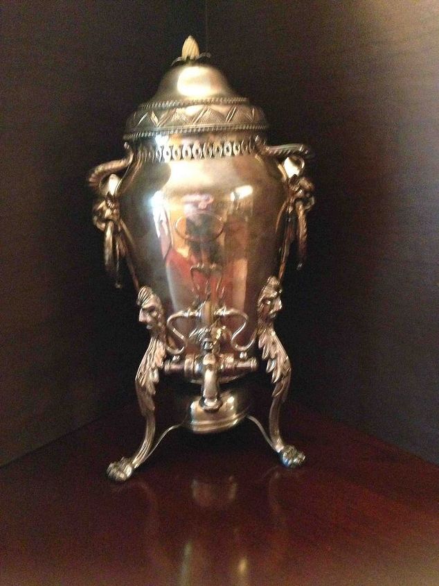 antique silver french coffee urn, home decor, repurposing upcycling, We just got this item and are not sure what it was used to serve It has a pineapple finial on top and insert on spout handle that appears to be Bakelite It is mArked on the bottom with what looks like CF 3 PI 114 It has lion heads attaching last and to pot ram handles and a burner
