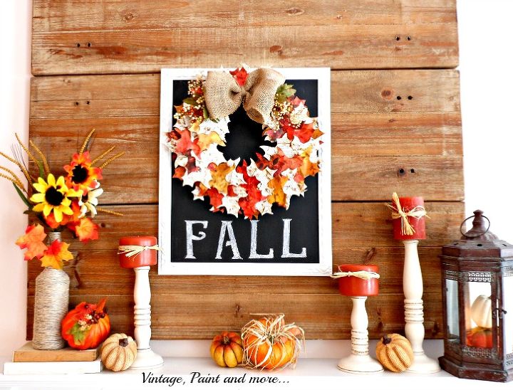 fall mantel decor wreath leaves candles pumpkins latern, crafts, fireplaces mantels, home decor, seasonal holiday decor
