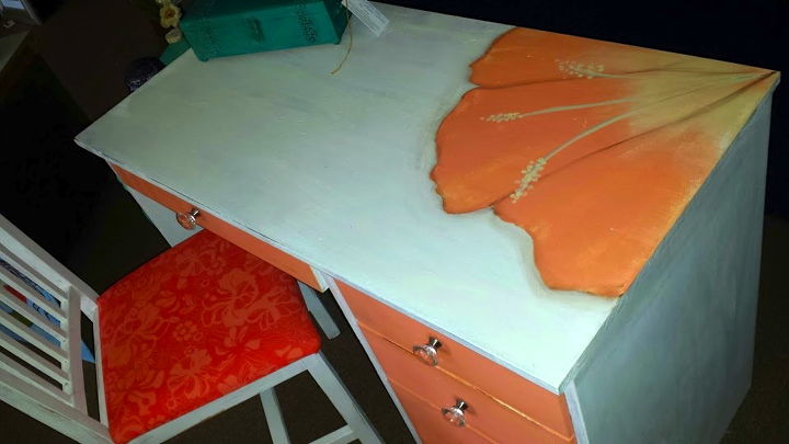 painted furniture desk hibiscus organge beachy surfer, painted furniture