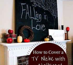 chalkboard covering tv niche hiding, chalkboard paint, diy, fireplaces mantels, home decor, how to