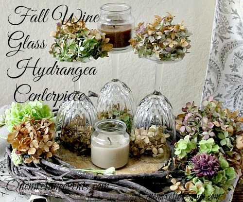 fall wine glass dried hydrangea arrangement, home decor, hydrangea, repurposing upcycling