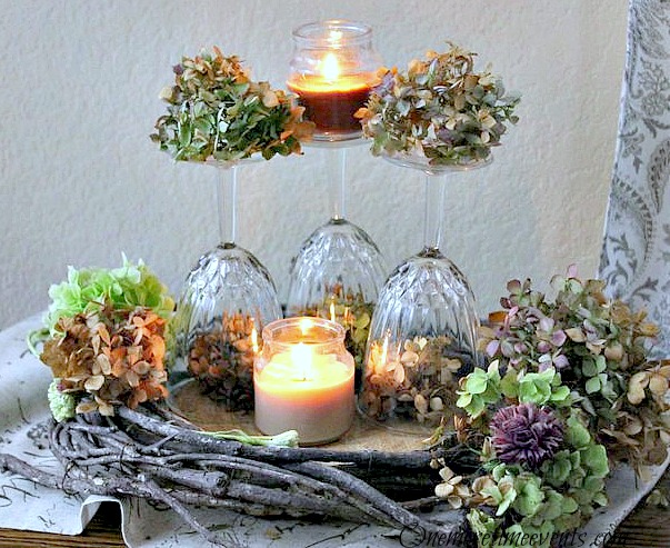 fall wine glass dried hydrangea arrangement, home decor, hydrangea, repurposing upcycling
