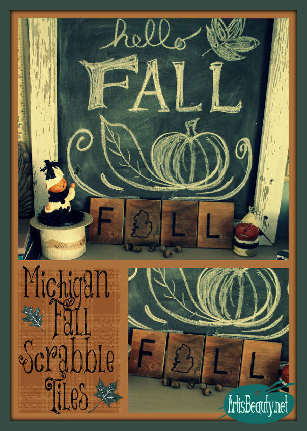 fall decor rescued wood michigan scrabble tiles, crafts, fireplaces mantels, repurposing upcycling, seasonal holiday decor