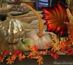 fall decor grouping table theme, home decor, seasonal holiday decor, Pumpkins and leaves gathered on a silver tray